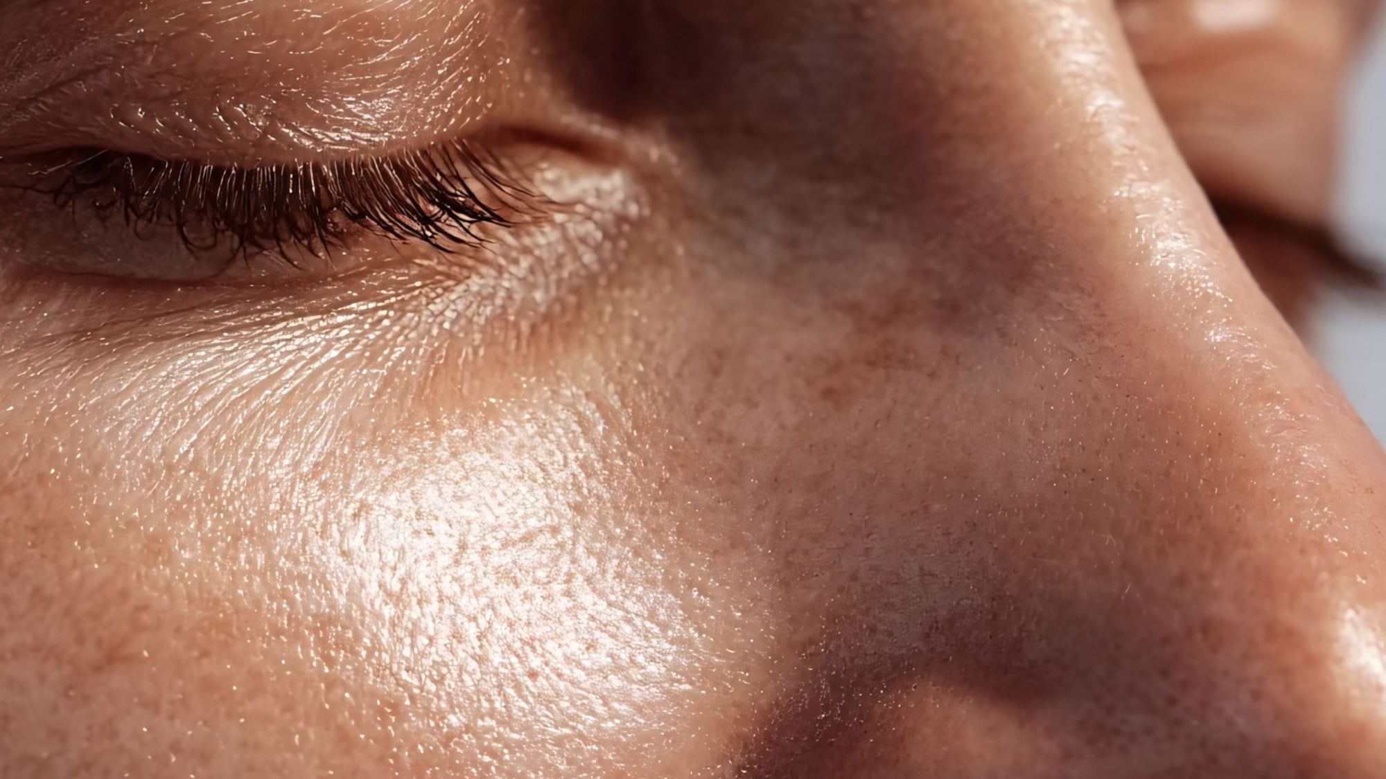 Close-up of mature skin around the eye in natural light, showing real texture and fine lines